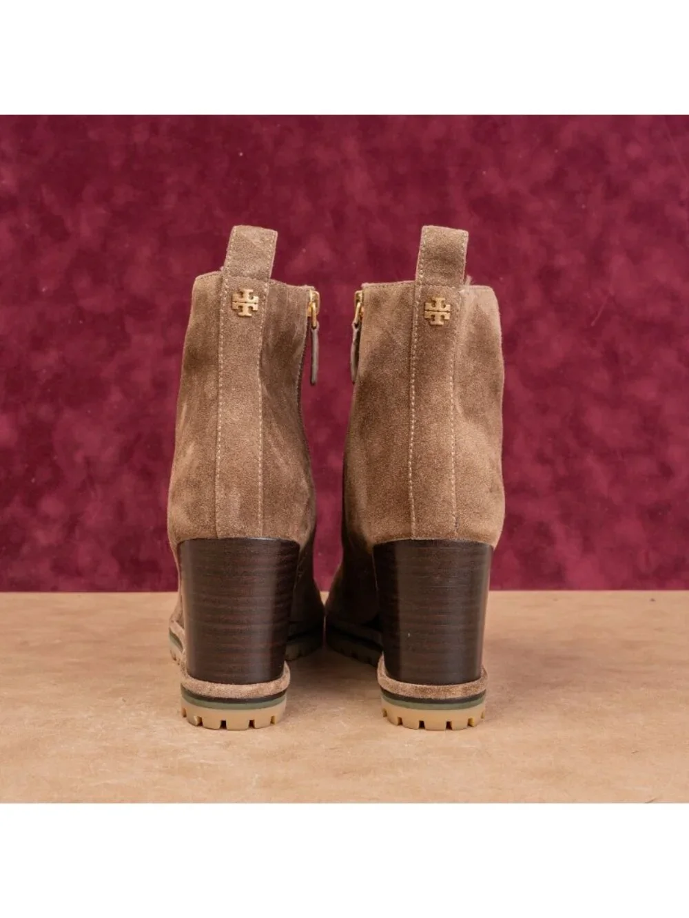 Tory Burch Women Brown Suede Zip Dress Round Toe Wedge Ankle Boots sz 10